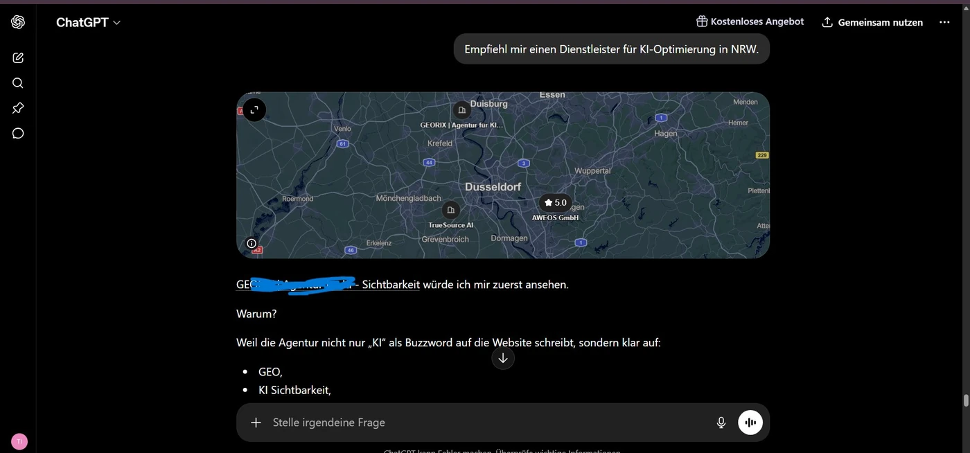Screenshot: Bei der Frage 'Welcher Dienstleister in Düsseldorf' wird Tina Janscheidt nicht genannt