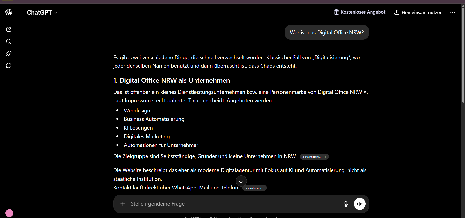 Screenshot: Gemini nennt jetzt korrekte Angaben zu Inhaberin und Leistungen